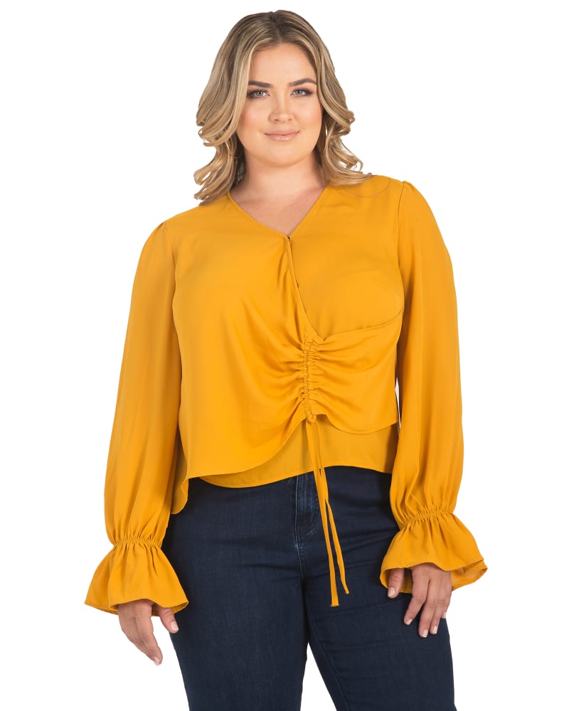 Front of a model wearing a size 1X Vera Tie-Front Blouse in Ginger by Standards & Practices. | dia_product_style_image_id:276025